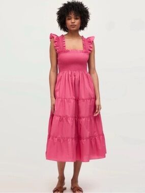 HILL HOUSE Ellie Tonal Seersucker Ruffle Shoulder
Tiered Nap Dress, Watermelon
